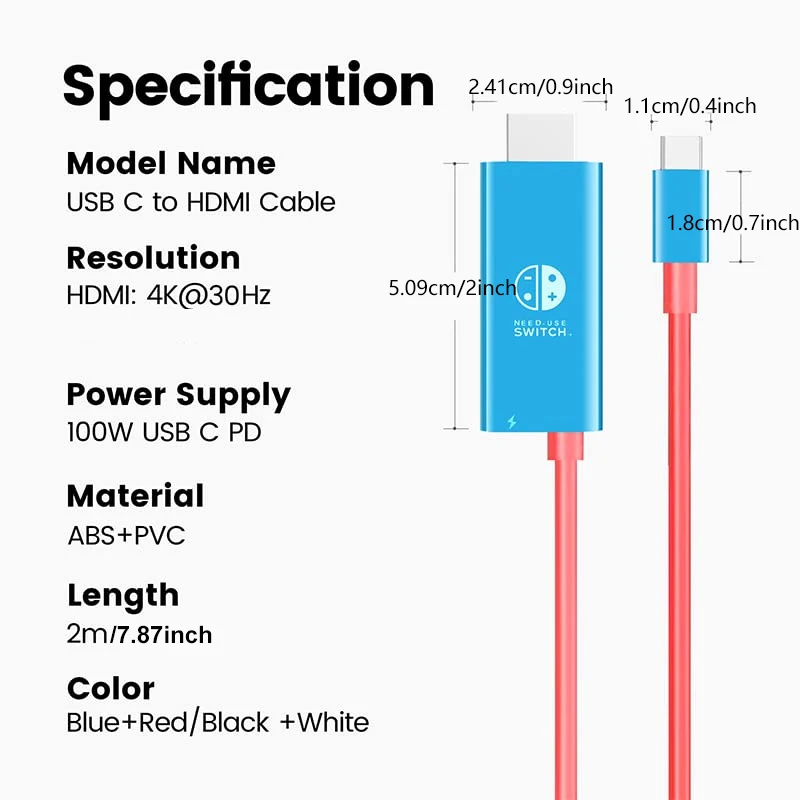 2m 4k 30Hz USB portátil tipo C para cabo de conversão HDMI para modo de encaixe de TV no Nintendo Switch Steam Deck