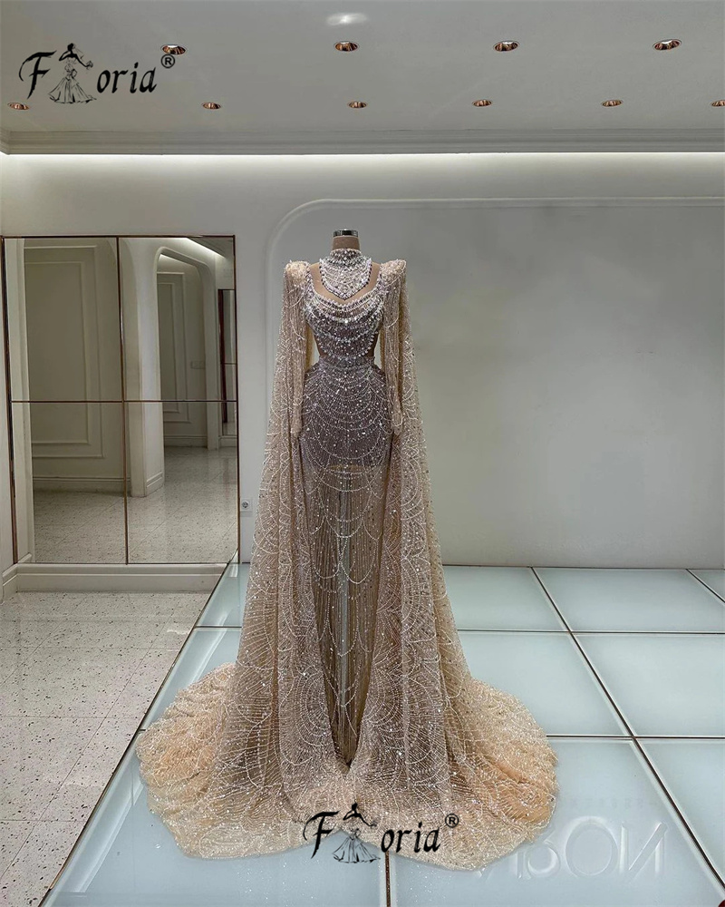 ชุดราตรีประดับลูกปัดไข่มุกสุดหรูชุดราตรีแขนยาวทรงแหลมชุดแต่งงานแชมเปญทรงนางเงือกชุดเจ้าสาว Vestidos de Novia เจ้าสาว