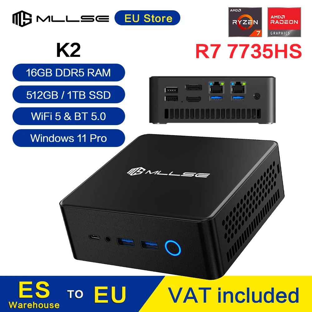 MLLSE K2 Mini PC AMD Ryzen 7 7735HS Processore DDR5 16GB di RAM 1TB SSD Finestra 11 Pro WiFi5 BT5.0 Mini computer desktop per giochi