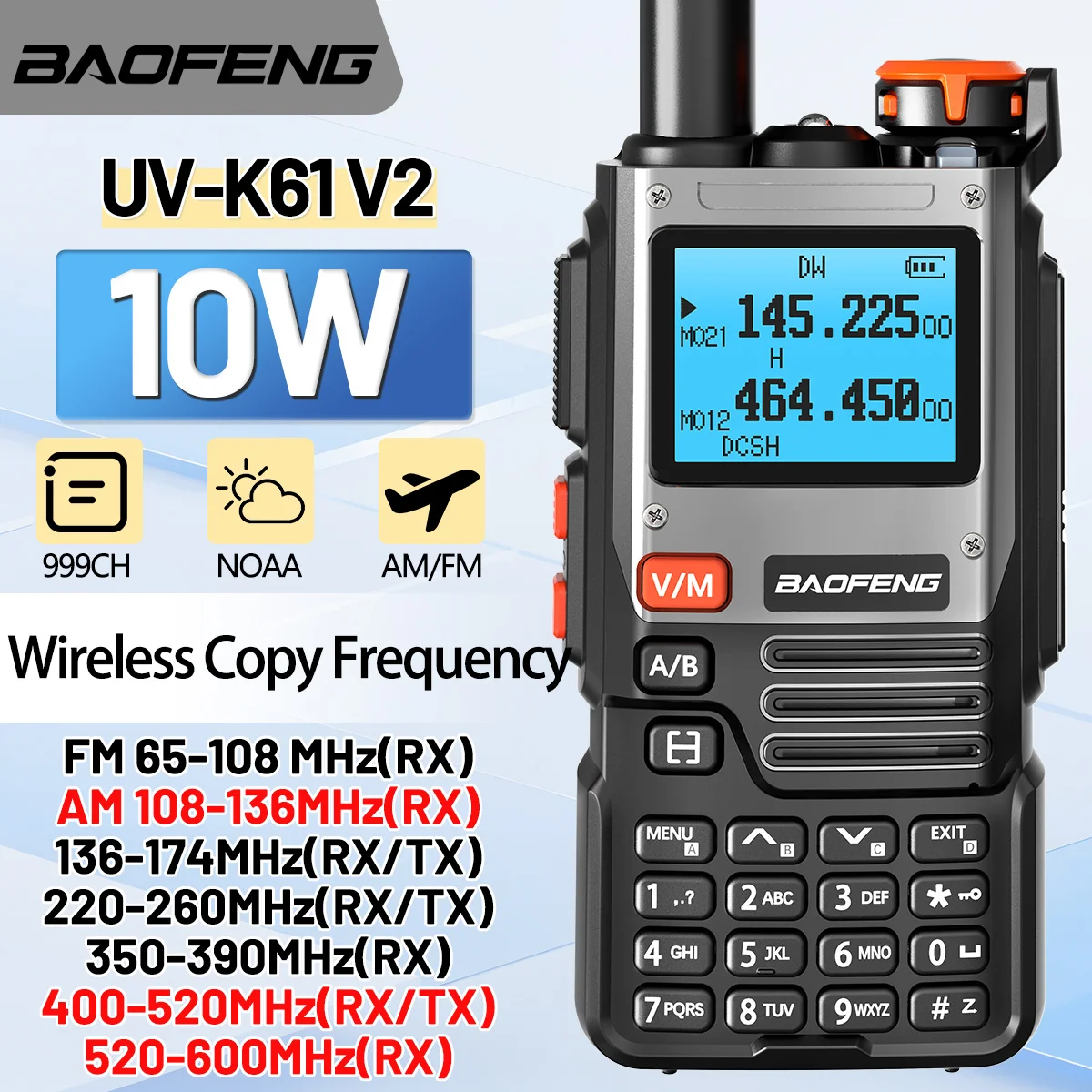 Baofeng UV-K61 V2 Multiband-Walkie-Talkie, kabellose Kopierfrequenz, große Reichweite, 10 W, AM FM Typ C, NOAA UV-5RH, UV-21 PRO, Amateurfunk