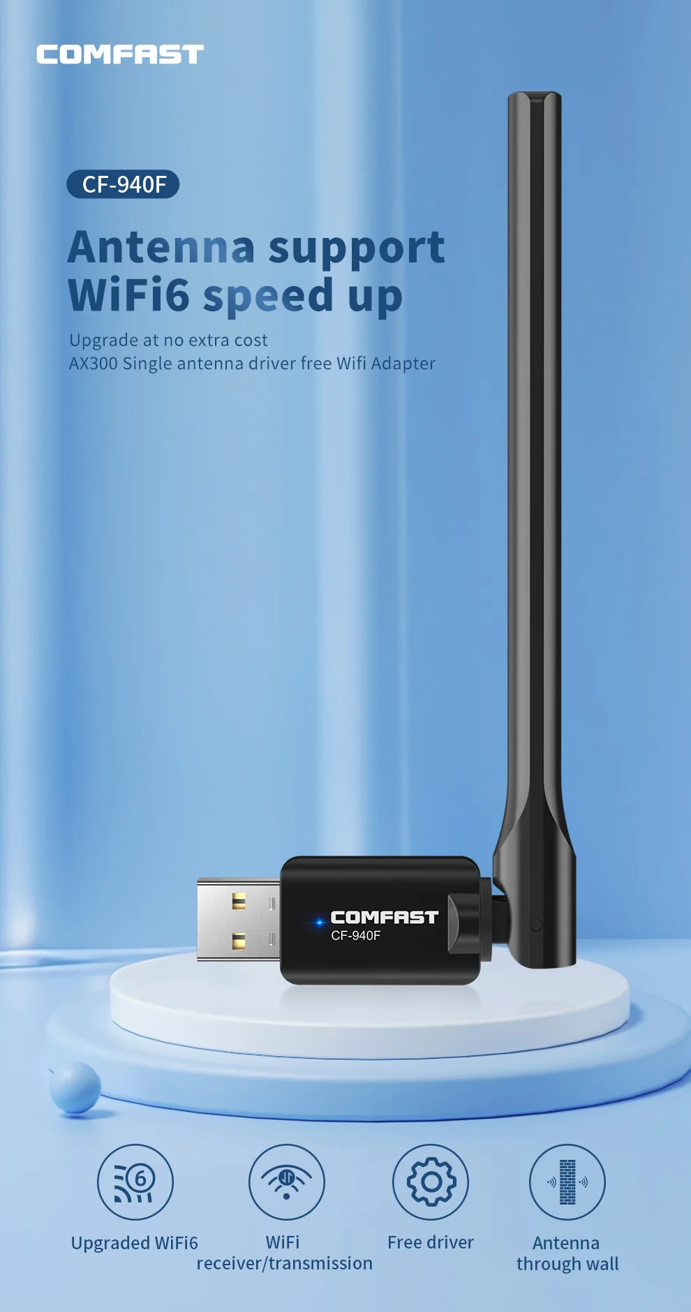Comfast 287Mbps Adapter 2.4G WiFi Card 3dBi Antenna Wifi6 USB Dongle AX300 802.11ax Wireless WiFi Receiver PC Laptop Driver Free