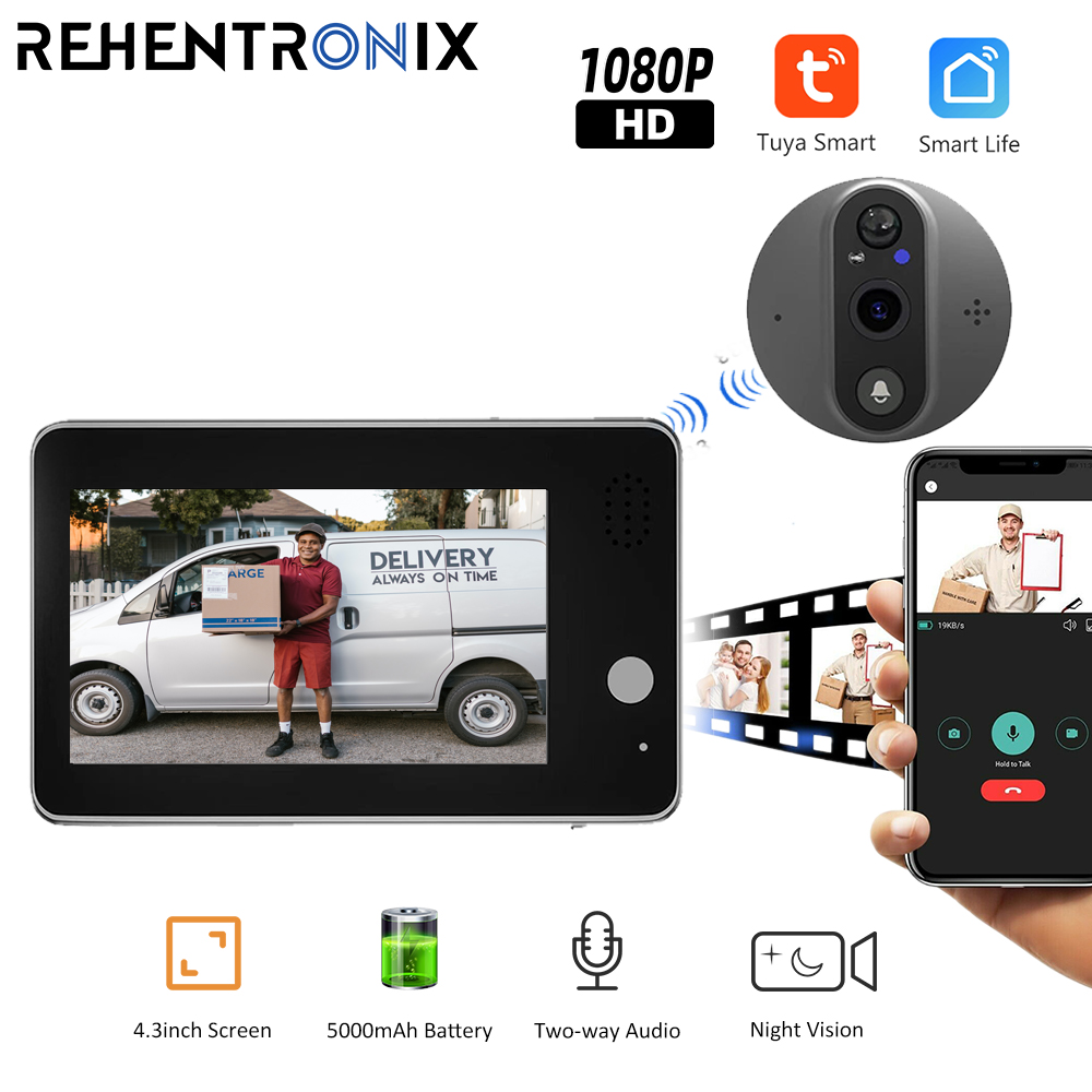 1080P Tuya WiFi Video Doorbell Camera Smart Home Door Bell Video Security Intercom Peephole 4.3" LCD Screen PIR Motion Detection