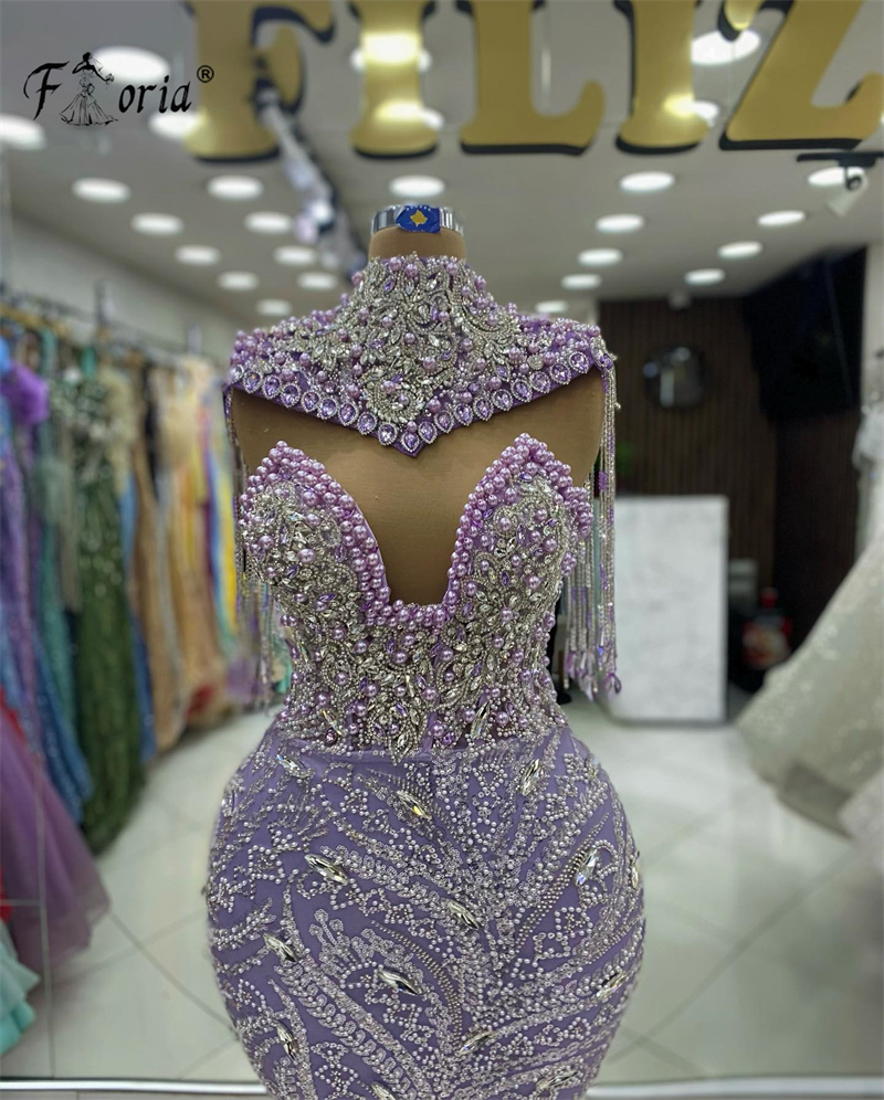 Wunderschöne lila Perlen-Abendkleider, Flügelärmel, Perlenstickerei, formelles Promi-Kleid, Quaste, elegante Abschlussball-Party-Kleider, Robe De Soiree