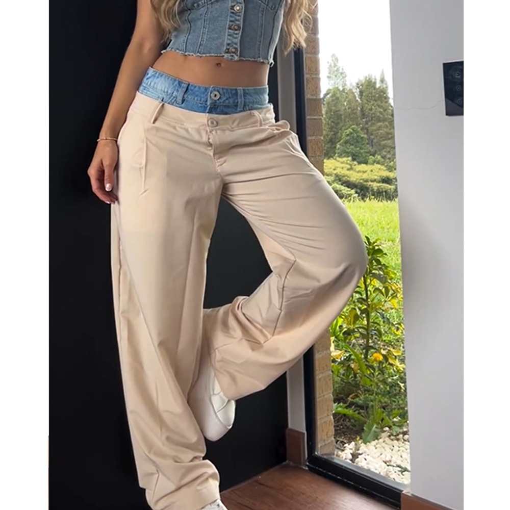Einzigartige Retro Colorblock Gespleißt Denim Hosen Für Frauen Hohe Taille Patchwork Zipper Temperament Gerade Hose Weibliche Mode Stil