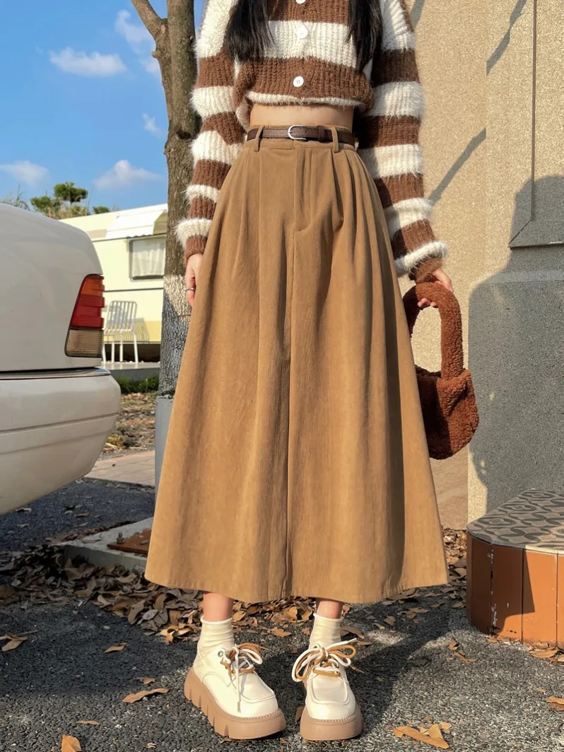 Falda A-Linea De Cintura Alta Para Mujer Estilo Coreano Corduroy Medio Largo Color Sólido Moda Primavera 2025 Nuevo Retro