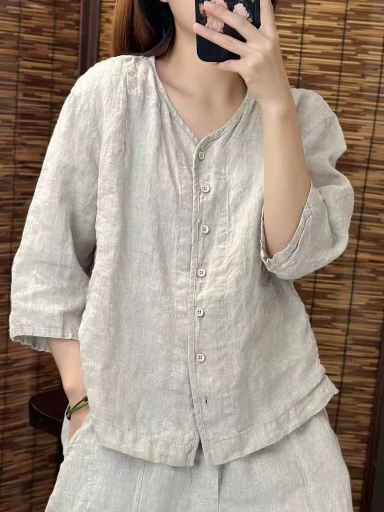 Csa Retro de Aodão e Linho Fena Verão Nova Cor Pura Decote em V Manga Média Casual Artística Solta Combina com Tudo ...