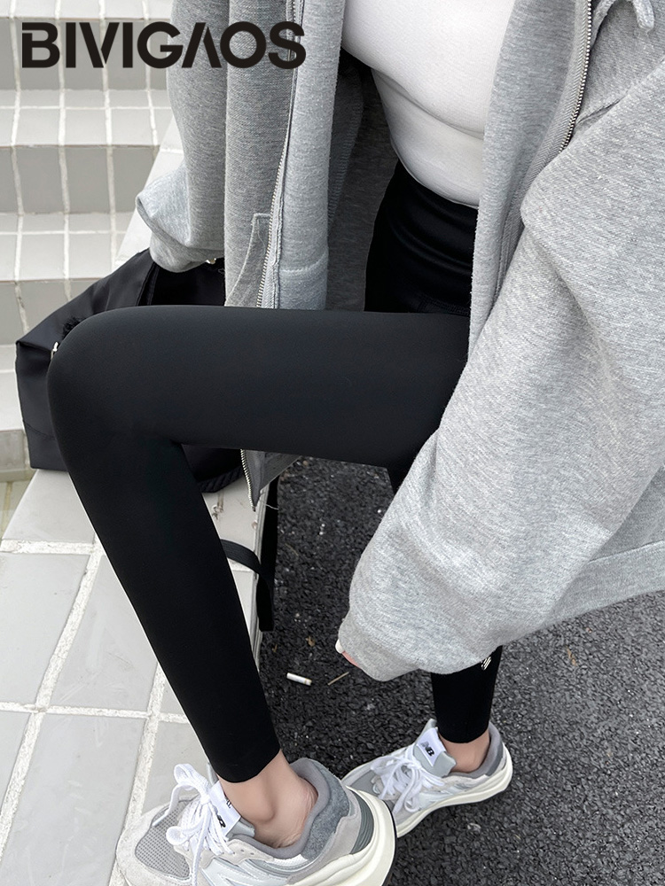 BIVIGAOS-mallas de piel de tiburón líquidas con capa de aire para otoño, mallas deportivas ajustadas informales para mujer, color negro, cintura alta, levantador de glúteos