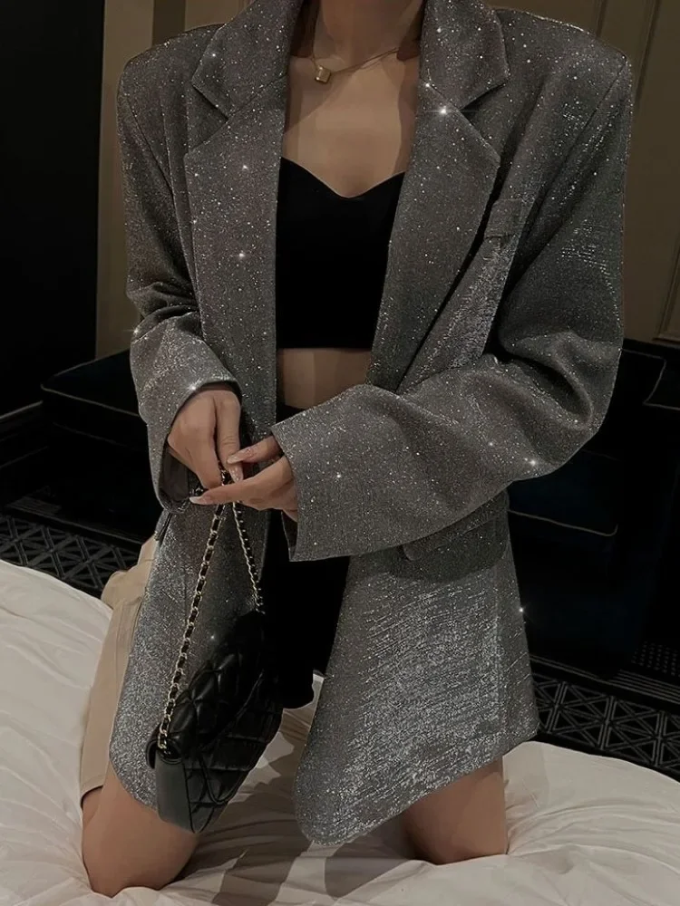 Glänzende Pailletten Glitter Revers Anzug Outwear für Frauen Luxus Langarm Mode Tasche elegante funkelnde Mantel Damen Anzug Outwear