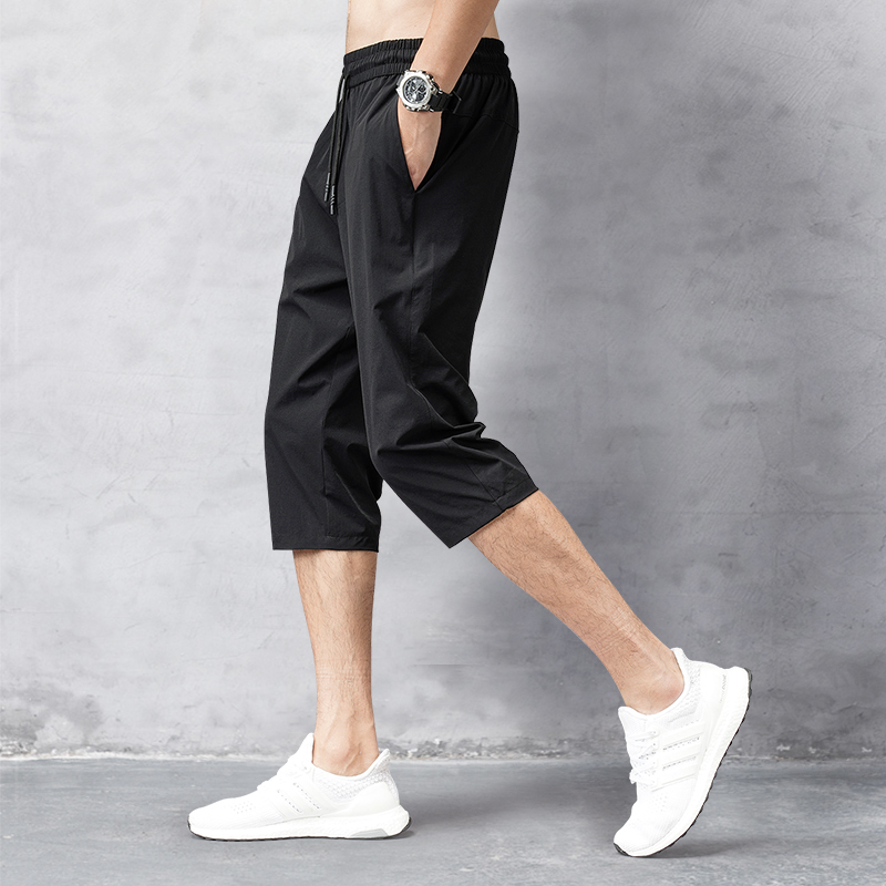 Calças cortadas de verão para homens, calças elásticas respiráveis com sensação de gelo, shorts casuais versáteis