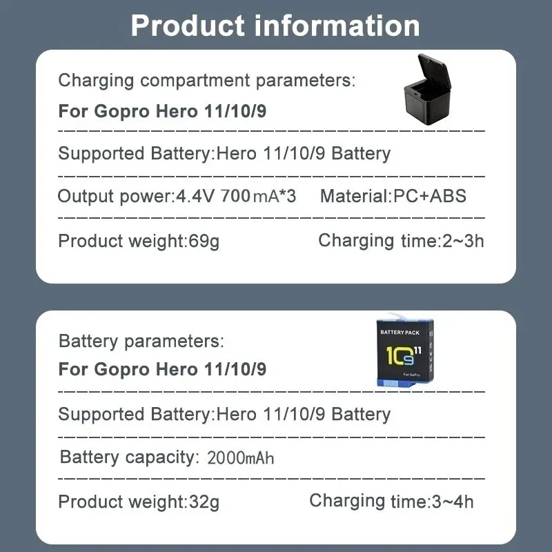 2000mAh Battery For GoPro Hero 11 10 9 Li-ion Battery Pack Motion Camera Battery Storage for GoPro Hero9 Rechargeable Batteries