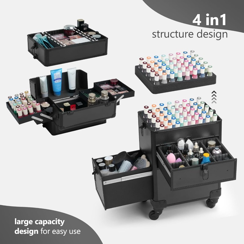 Rolling Makeup Case with Drawer, Makeup Train Case, 4 in 1Cosmetology Case on Wheels,  Large Makeup Case Organizers,