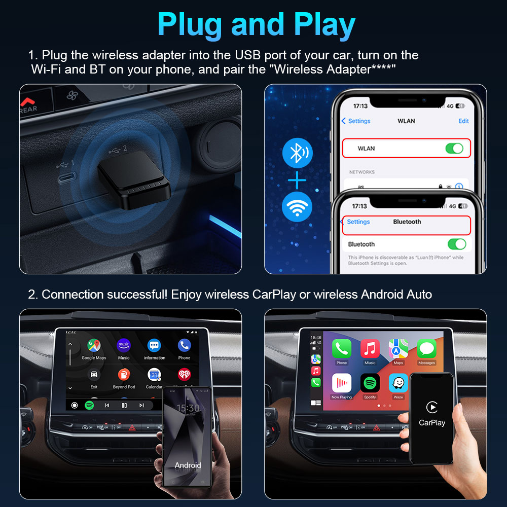 TIMEKNOW NUOVO Adattatore Wireless CarPlayAdattatore Android Auto Wireless 2 in 1 per Mazda Subaru Citroen Audi Mercedes Kia Ford Opel