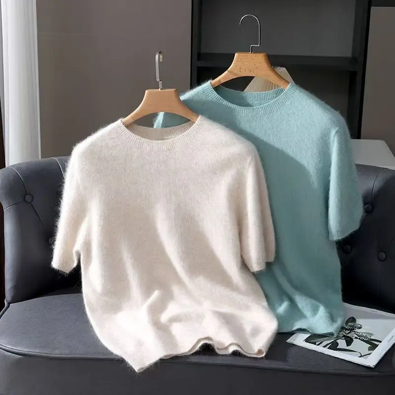 100 % Nerz-Kaschmir-Strickpullover Herren-T-Shirt Frühling Sommer Lose O-Ausschnitt Einfarbig Casual Business Base Pullover Kurzarm