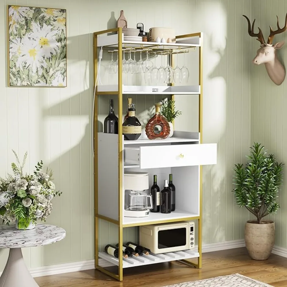 LED Wine Bar Cabinet with Glass Rack and drawer for Home, Dining and Living Room, 67" Liquor Cabinet Wine Rack Storage