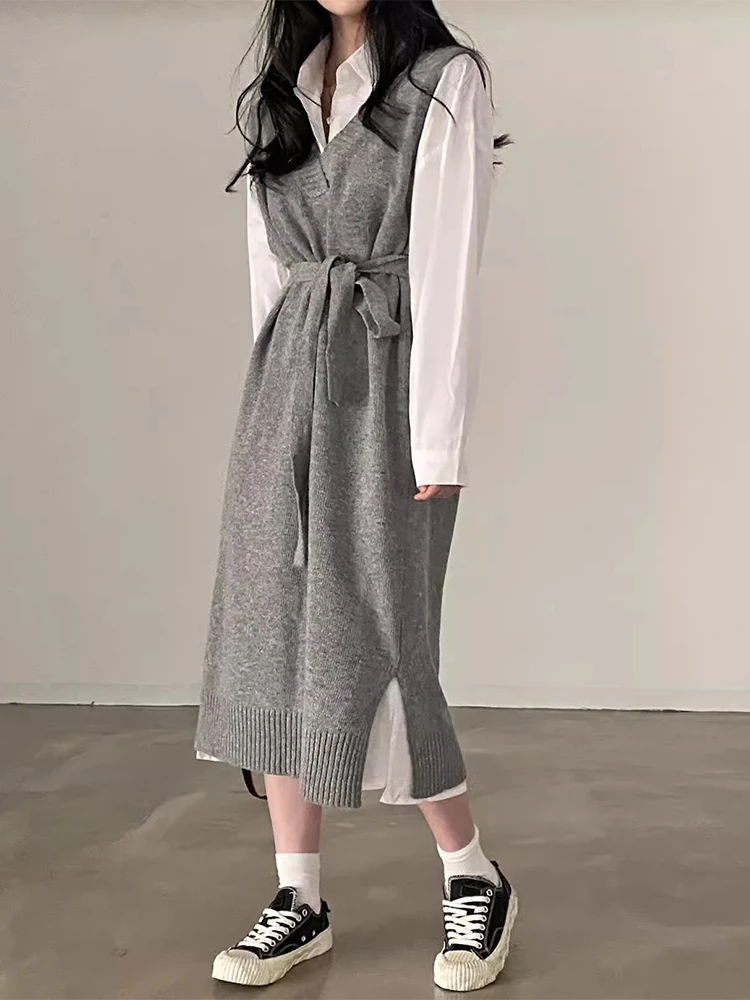 Chic Autumnal Versatile Loose Long Sleeve Shirt Dress with Long Knitted Vest Skirt Two Piece Set for Young Women 8-25 Years Old