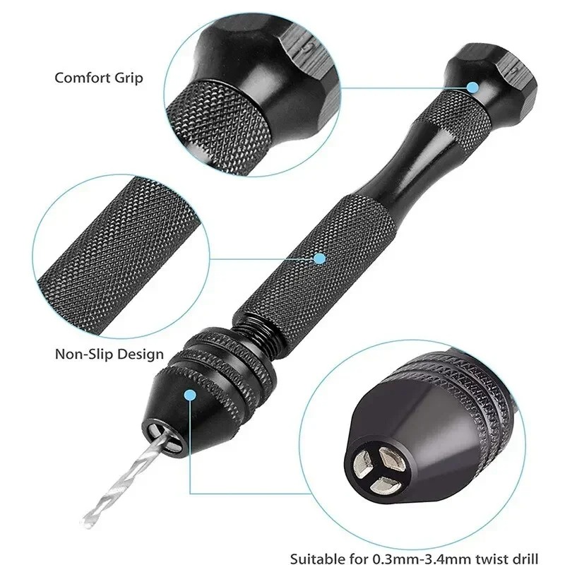 Mini ensemble d'outils avec perceuse hélicoïdale à main noire, 10 pièces, perceuse torsadée pour pâte frite, perçage du bois, outils rotatifs pour trous de bois