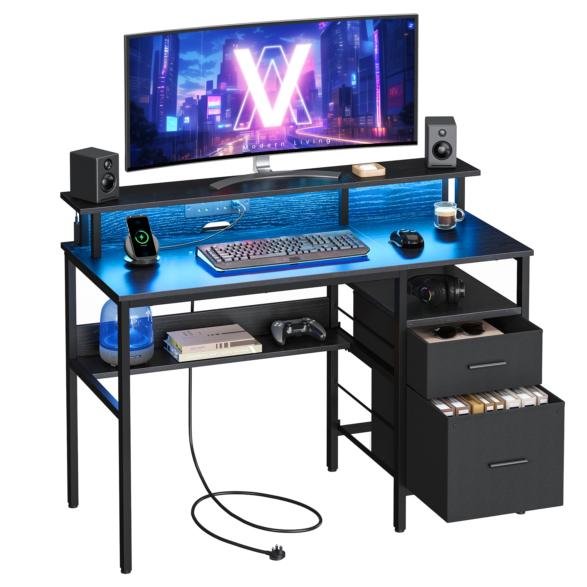 VASAGLE bureau met lades, computertafel met monitorstandaard, LED-verlichting, 55x120x90 cm, inbouw stopcontacten
