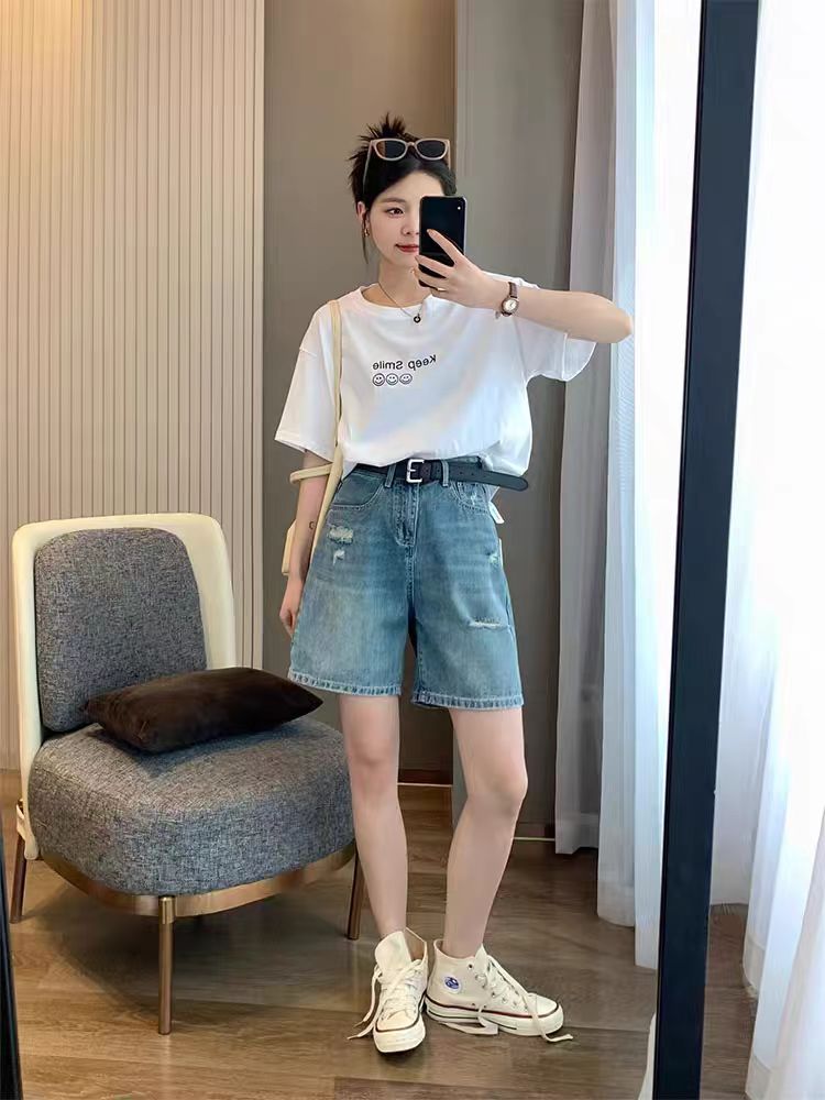 High Waist Denim orts Women's Spring Summer New plus Size Faded Five-Pointed Hole Wide Leg Jeans orts Slimming Effect