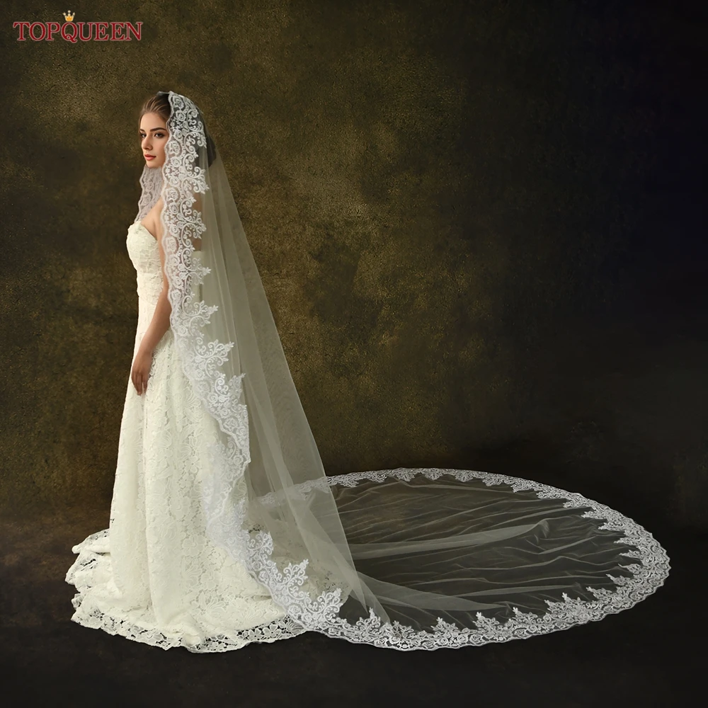 TOPQUEEN V68 renda Applique kerudung pernikahan pengantin Katedral kerudung 3m panjang krim putih Aksesori pernikahan disesuaikan
