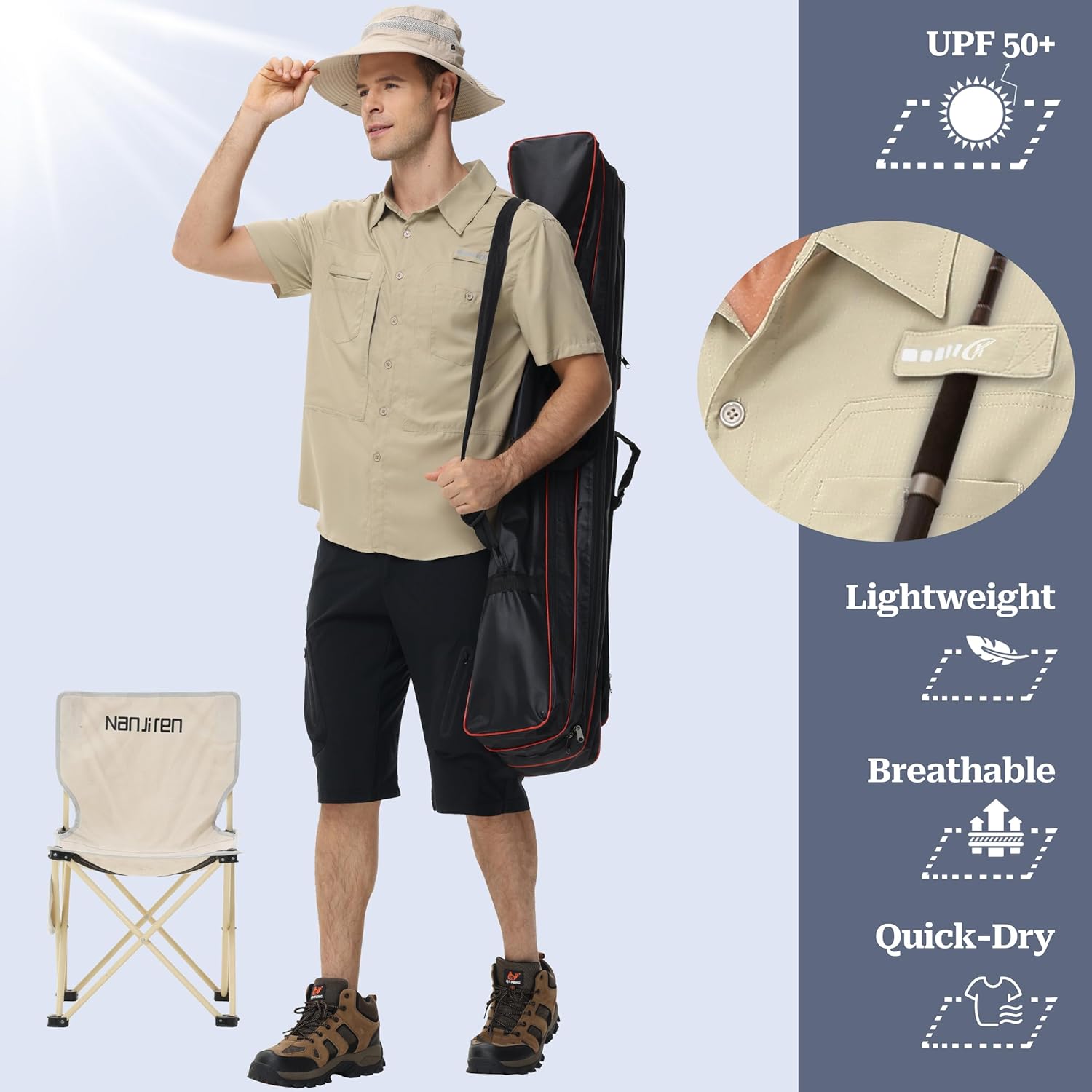 Kurzärmlige, leichte Angelhemden für Herren, atmungsaktives UPF 50+ Cargo-Hemd, taktische Button-Down-Hemden mit Reißverschlusstasche