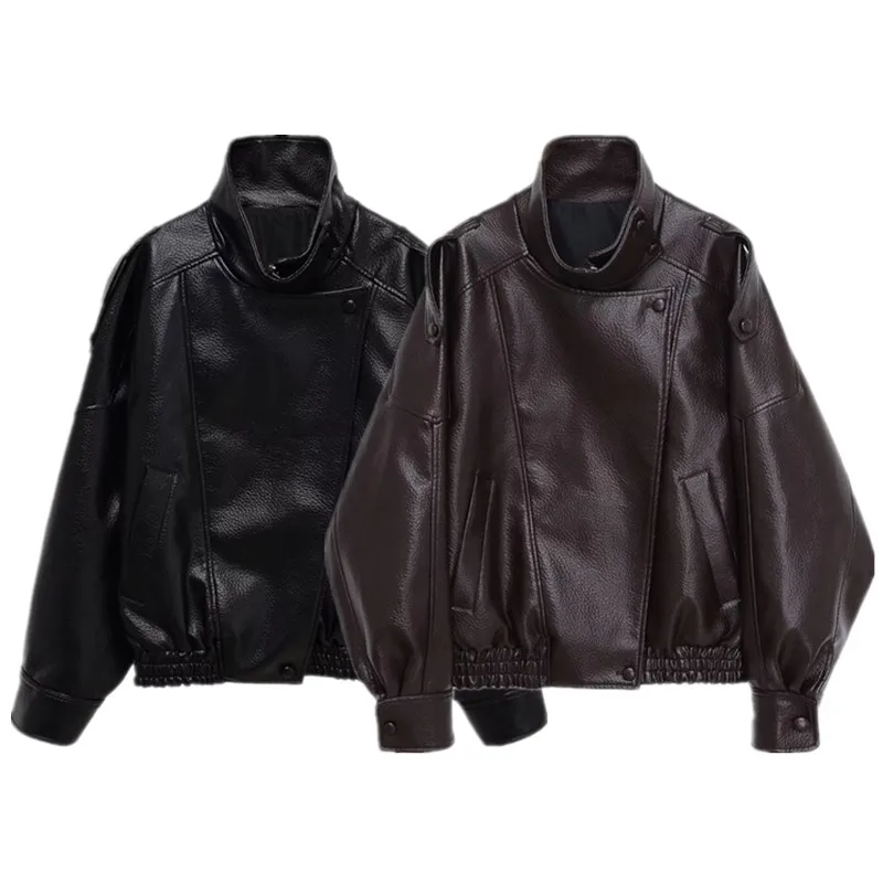 Jaqueta de Couro Fena com Design Solto, Casaco Curto, Moda Quente para Mulheres, Novo Estilo de Outono, Fechamento com Zí...