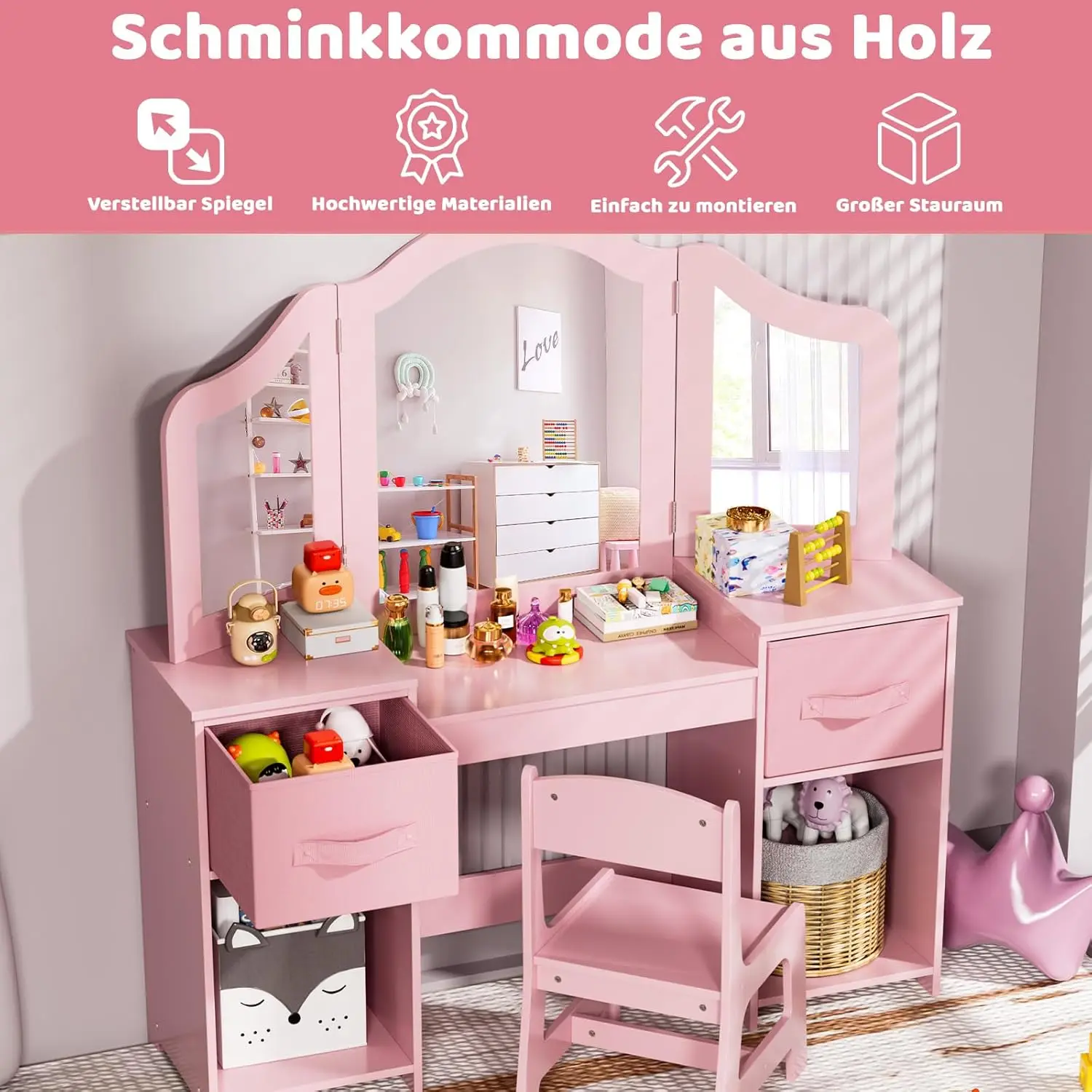 Schminktisch-Set für Kinder, Schminktisch-Set für Kinder, Make-up-Schminktischstuhl für Mädchen, mit abnehmbarem Spiegel, Rosa