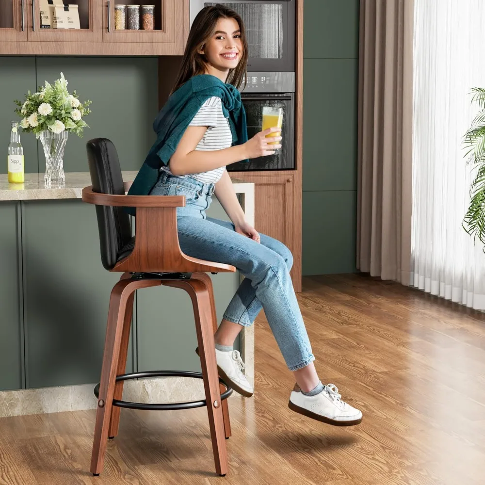 Bar Stools Set of 4, 26" Bentwood Barstools with Wooden Arms,Counter Height Swivel Bar Chairs PU Leather with High Back,Footrest
