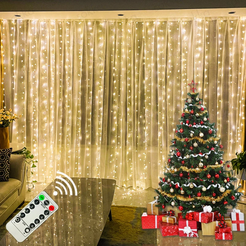ผ้าม่านคริสต์มาสไฟ LED String Garland เทศกาลตกแต่ง USB รีโมทคอนโทรลวันหยุดงานแต่งงานไฟ Fairy สําหรับห้องนอน Home