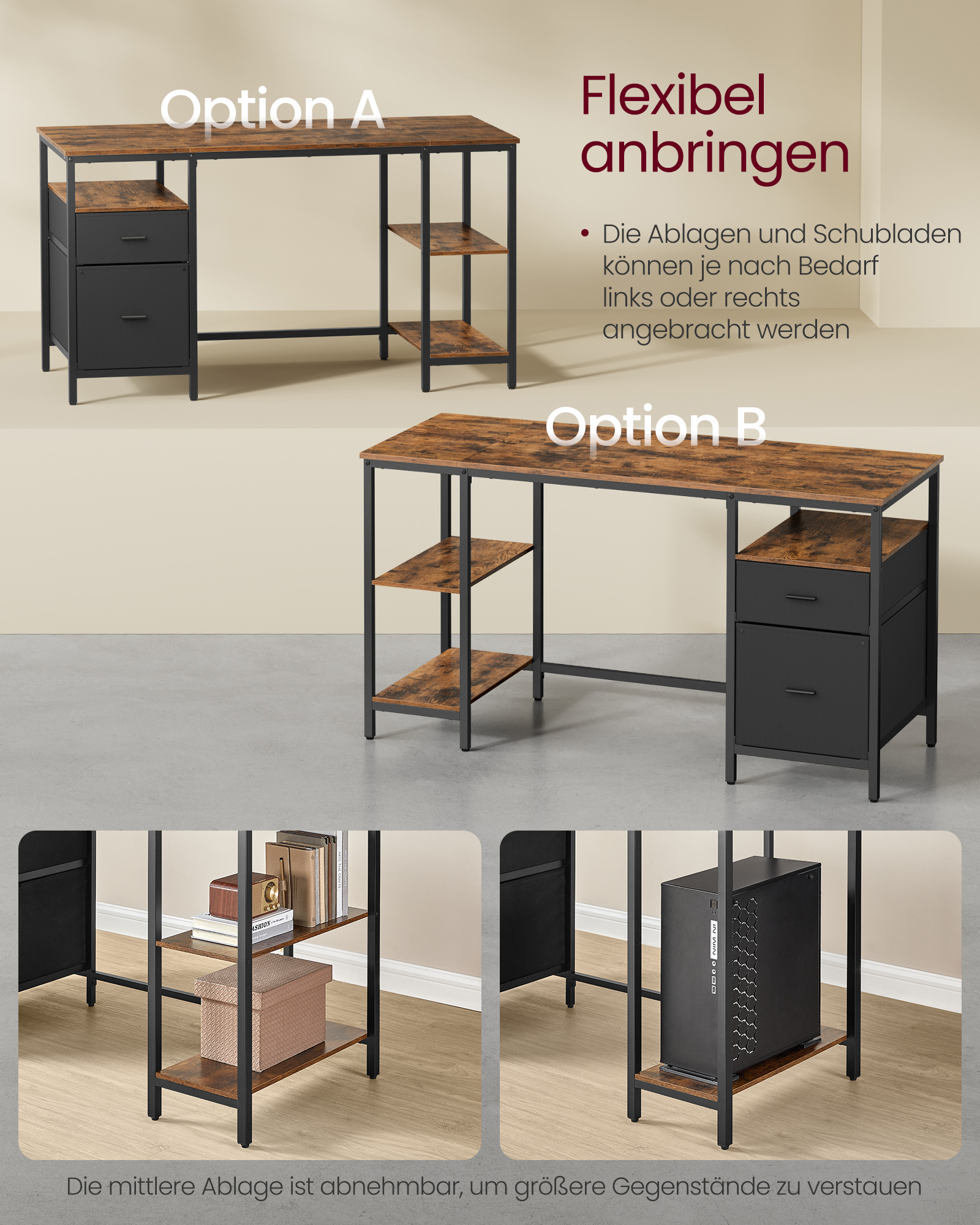 VASAGLE Computertisch, Bürotisch, Schreibtisch, mit 3 Ablagen, 2 Schubladen, 60 x 140 x 76 cm, fürs Büro, Wohnzimmer
