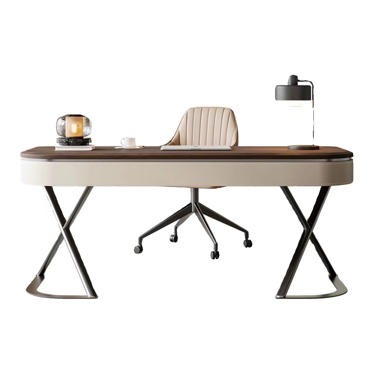 Mesa de madeira maciça de alta qualidade, moderna e minimalista, sala de estar, folheado de nogueira, couro, estudo, computador