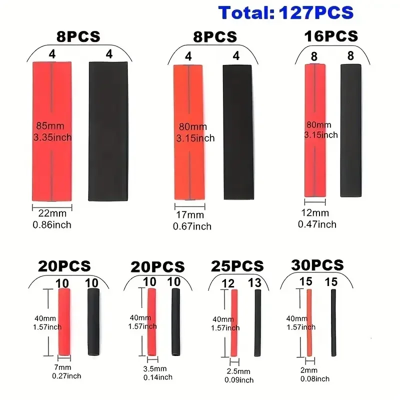 Juego de tubos termorretráctiles de 127 piezas para cables de automóvil: retráctil 2:1 negro y rojo, tubo de poliolefina, especial para envolver cables