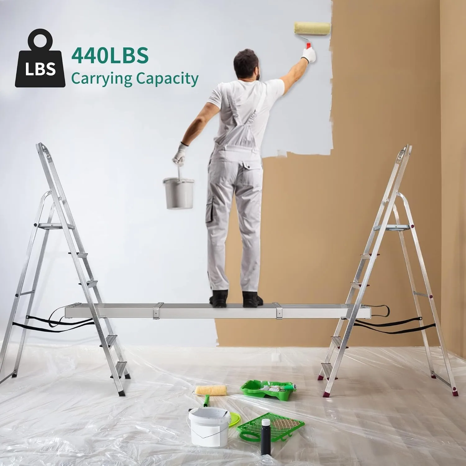 6-9ft Telescoping Plank, Aluminum Extension Plank 440lbs Capacity, Scaffolding Plank W/ Skid-Proof Platform Scaffold Ladder