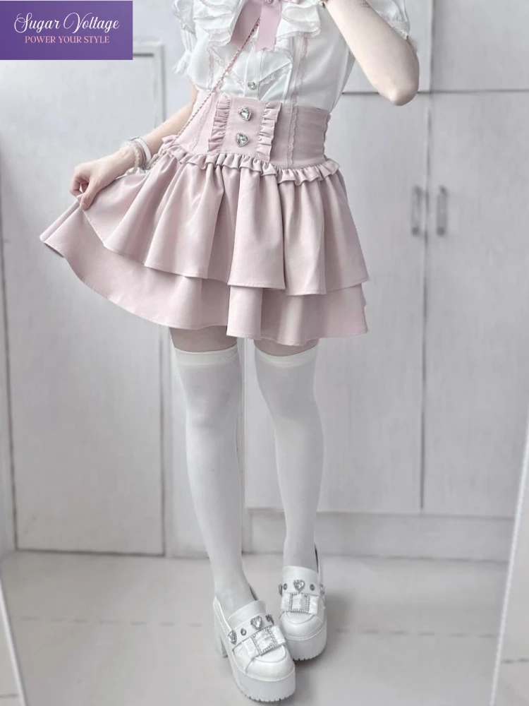 Falda japonesa bonita y dulce Y2k con forma de pastel de Lolita para mujer, faldas en capas con volantes a cuadros y diamantes de imitación de cintura alta, minifaldas Kawaii de corte a