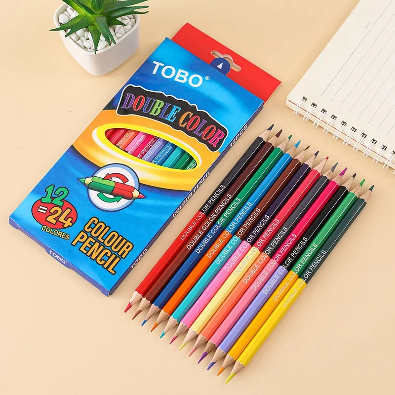 Lápis de cor dupla cabeça 24 cores pour enfants, dessin professionnel, croquis et Art Pastel, fournitures escolares