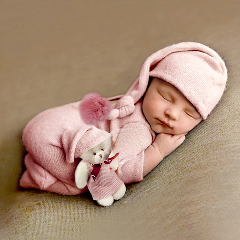 Ylsteed 3 peças conjunto macacão recém-nascido cauda pom chapéu conjunto com mini boneca rosa roupa de fotografia do bebê recém-nascido menina foto adereços