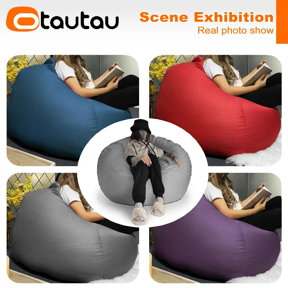 OTAUTAU Filled Bean Bag Sofa with Filler Big Cotton Linen Lazy BeanBag Bedroom Chair Puff Relax Lounge Couch DD002