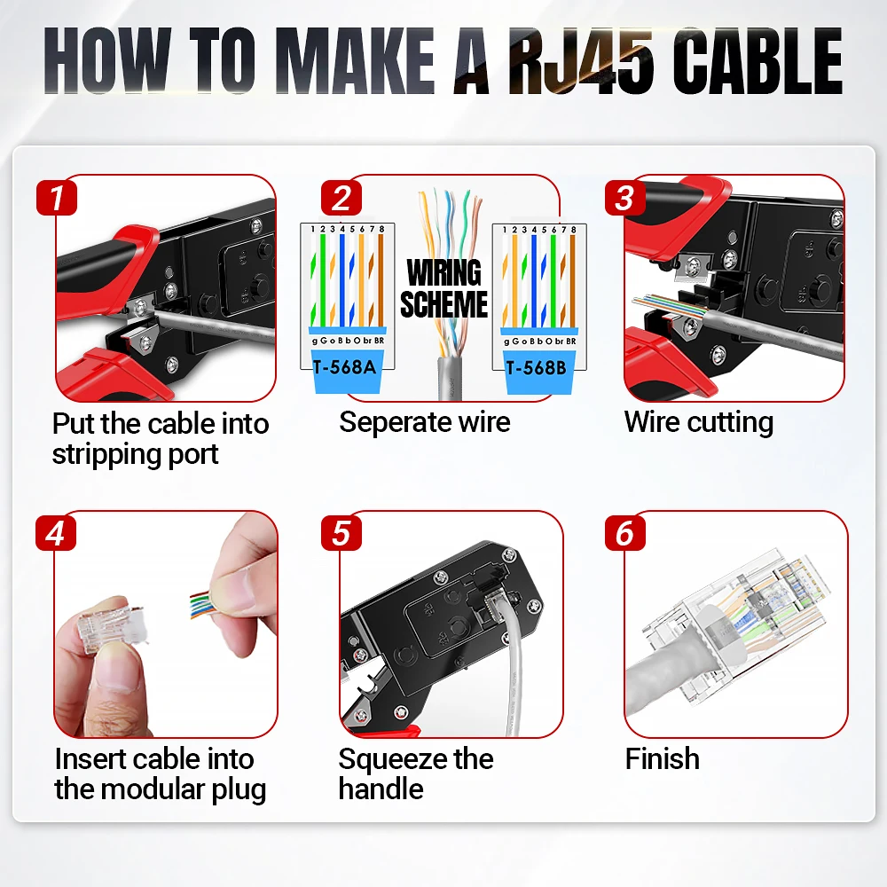 Инструмент для обжима AMPCOM RJ45, обжимной инструмент для сетевого кабеля Ethernet, резак для зачистки, плоскогубцы 8P RJ45 6P RJ12 RJ11 для модульного разъема