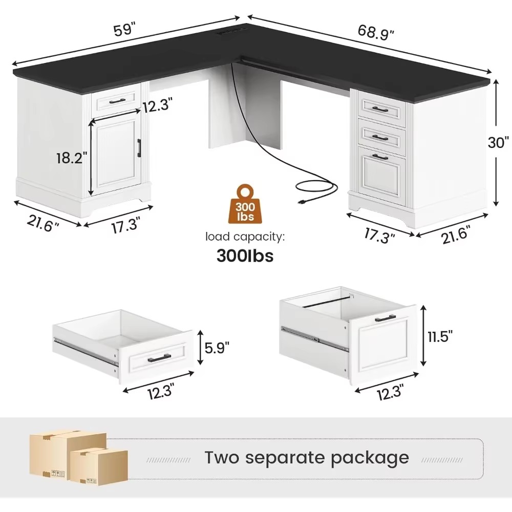 69" Executive L Shaped Desk, Home Office Desk with Drawers and Storage Cabinet & Power Outlet, Corner Computer Desk