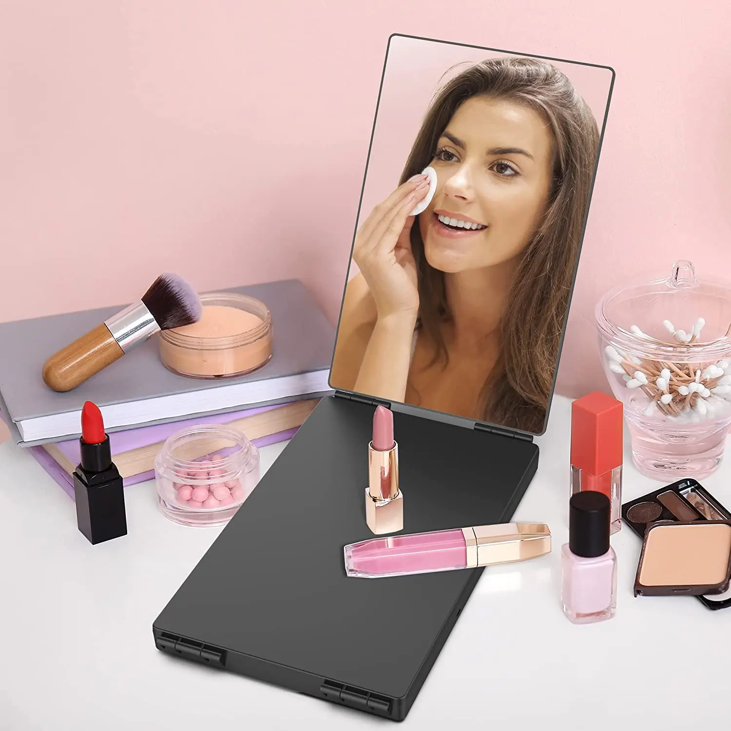 S Espejo de maquillaje de tocador triple portátil de viaje 360 con gancho telescópico de altura ajustable para cabello espejo Fordable de corte automático