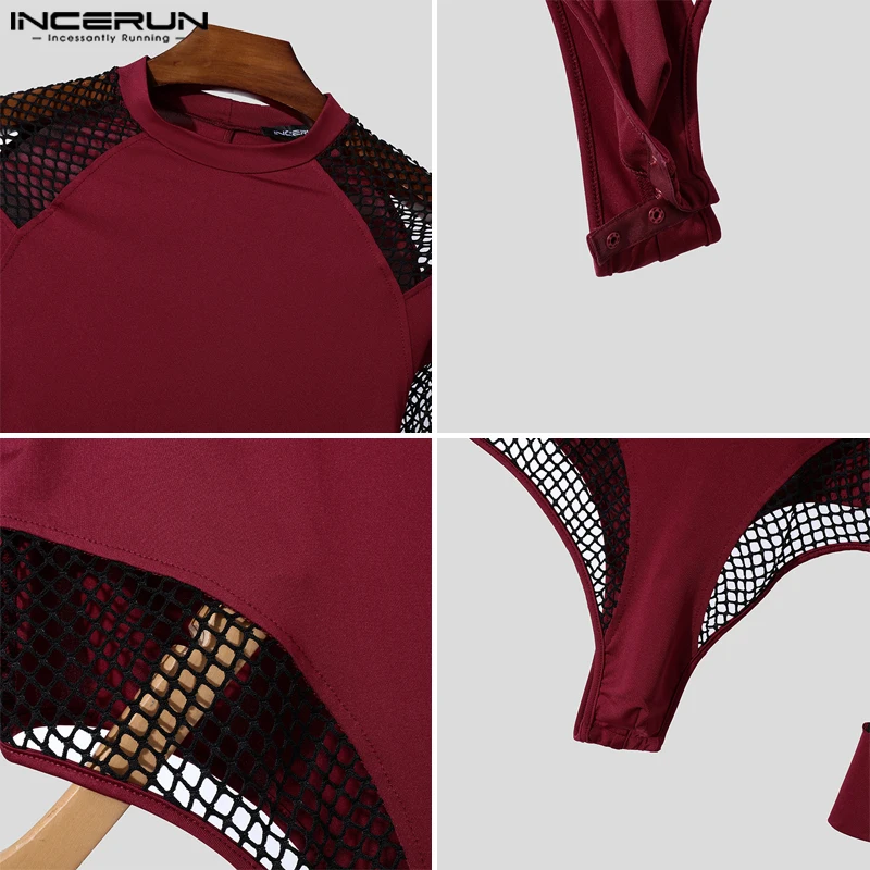 INCERUN Hübsche, lässige Langarm-Bodysuits 2024, gut sitzende Mesh-Spleiß-Overalls, bequeme Homewear-Loungewear