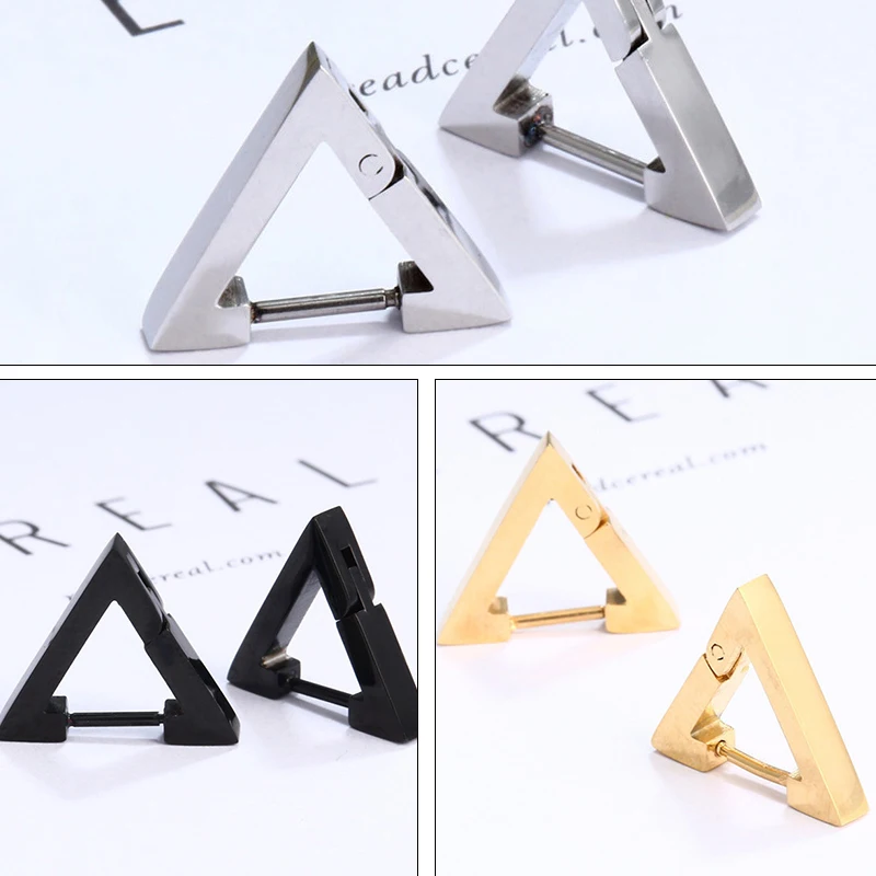 Pendientes de acero inoxidable con triángulos geométricos para hombre y mujer, aretes de aro Punk Unisex, Piercing Push-Back, tapón para la oreja, joyería