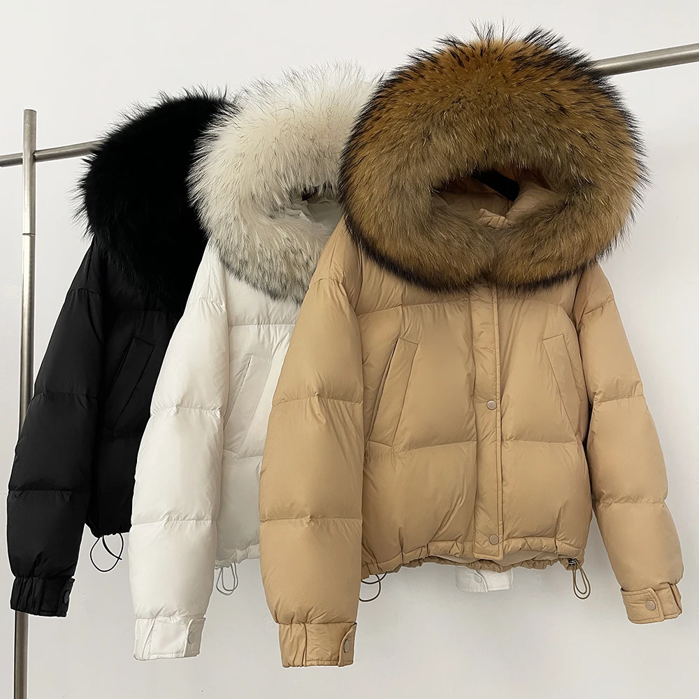 Oftbuy pato branco para baixo jaqueta feminina casaco de pele real inverno puffer casaco com capuz nova pele de guaxinim outono feminino parkas pele de raposa quente