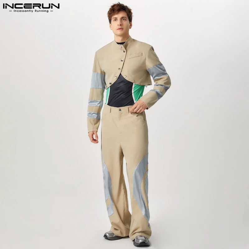 INCERUN 2024 Hübsche Herren-Sets, stilvoll, Spleißen, Farbkontrast, kurze Arc-Swing-Jacken, Hosen, lässige Persönlichkeit, zweiteilige Sets