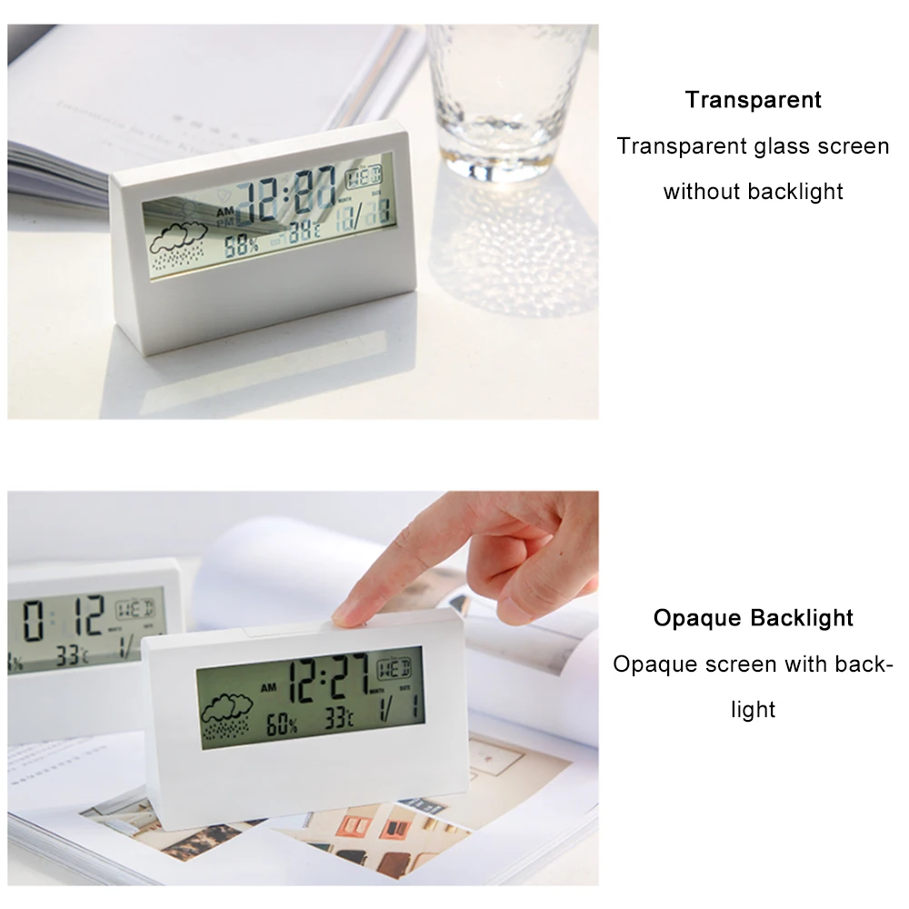 หน้าจอ LCD เครื่องวัดอุณหภูมิดิจิตอลมัลติฟังก์ชั่นอิเล็กทรอนิกส์อุณหภูมิความชื้นบ้านพร้อมนาฬิกาปลุกสําหรับเด็กนักเรียน