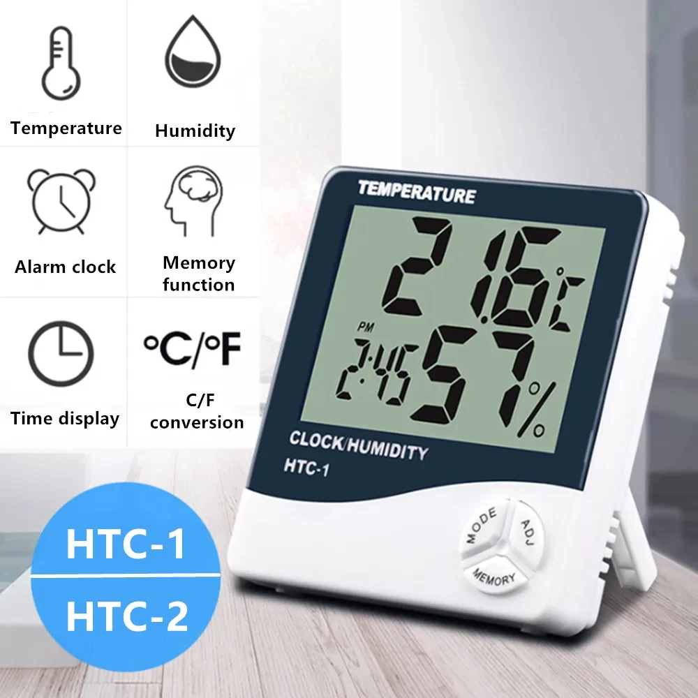 LCD Electronic Digital Temperature Humidity Meter Thermometer Hygrometer Indoor Outdoor Weather Station Clock HTC-1 HTC-2
