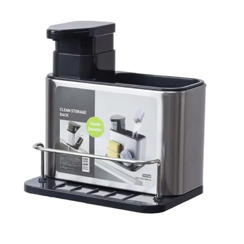 Dispensador de sabão de cozinha 3 em 1, com suporte de esponja, aço inoxidável, prato fácil de limpar, tamanho compacto, cabe na pia