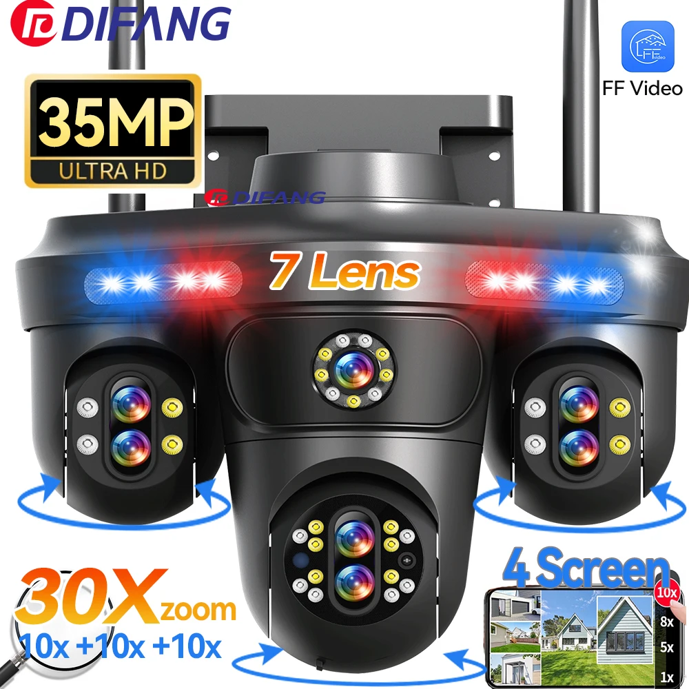 DIFANG-cámara IP WiFi de 35MP, 4 pantallas, 7 lentes, Zoom 10X, cámara de seguridad PTZ inalámbrica para exteriores, seguimiento automático, cámara de vigilancia CCTV Cámara Vigilancia Exterior WiFi para Hogar, Cámara