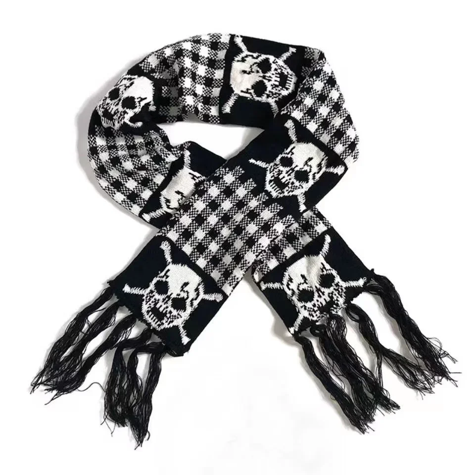 Bufanda de calavera Gótica para hombres y mujeres, chal de Pashmina de punto, Echarpe acrílico negro, envoltura de esqueleto Harajuku con flecos, Invierno