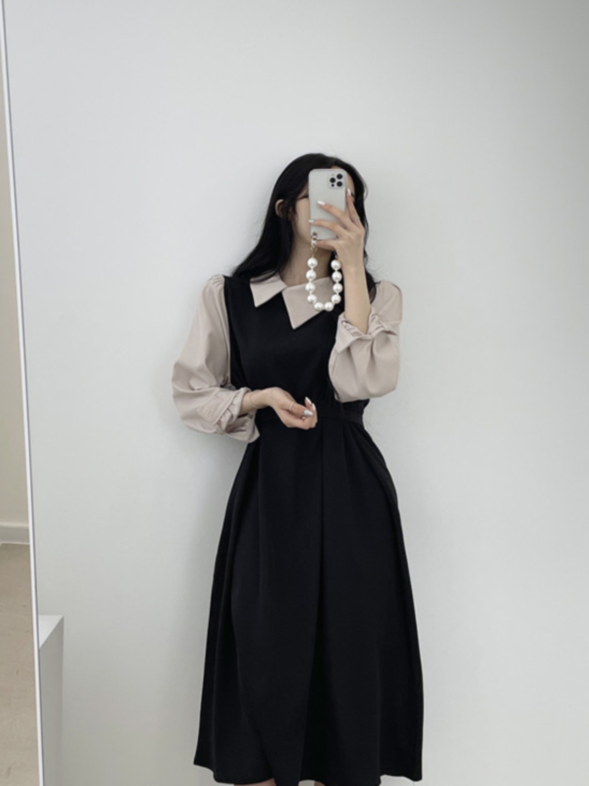 하이 엔드 Feelwomen의 긴 드레스 컬러 차단 슬리밍 우아한 퍼프 슬리브 a 라인 봄 가을 하이 웨이스트 여성 의류