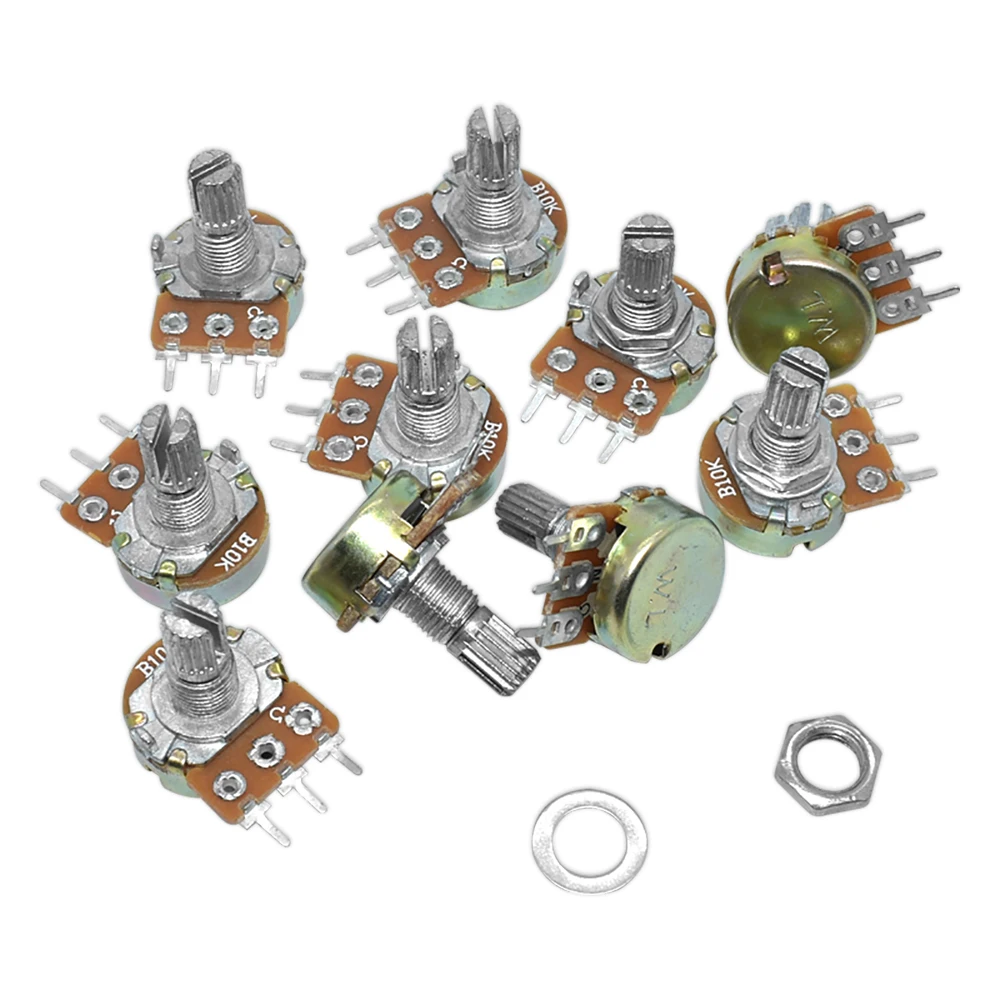 10 Uds WH148 potenciómetro lineal B1K B2K B5K B10K B20K B50K B100K B250K B500K B1M eje de 15mm con arandelas de tuercas 3 pines WH148